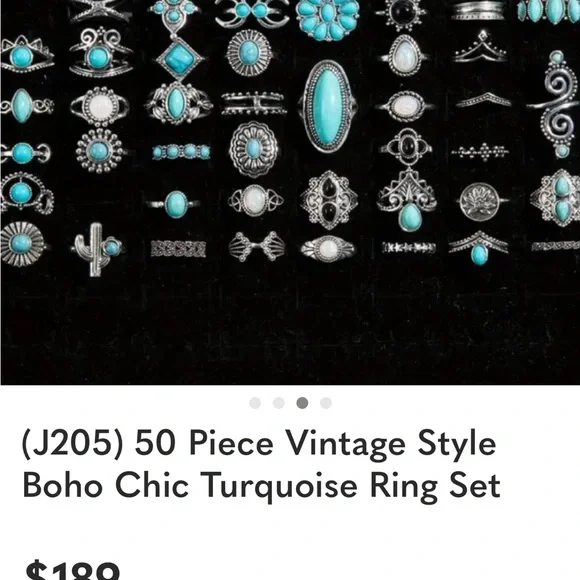 (J205) 50 Piece Vintage Style Boho Chic Turquoise Ring Set - Picture 3 of 4
